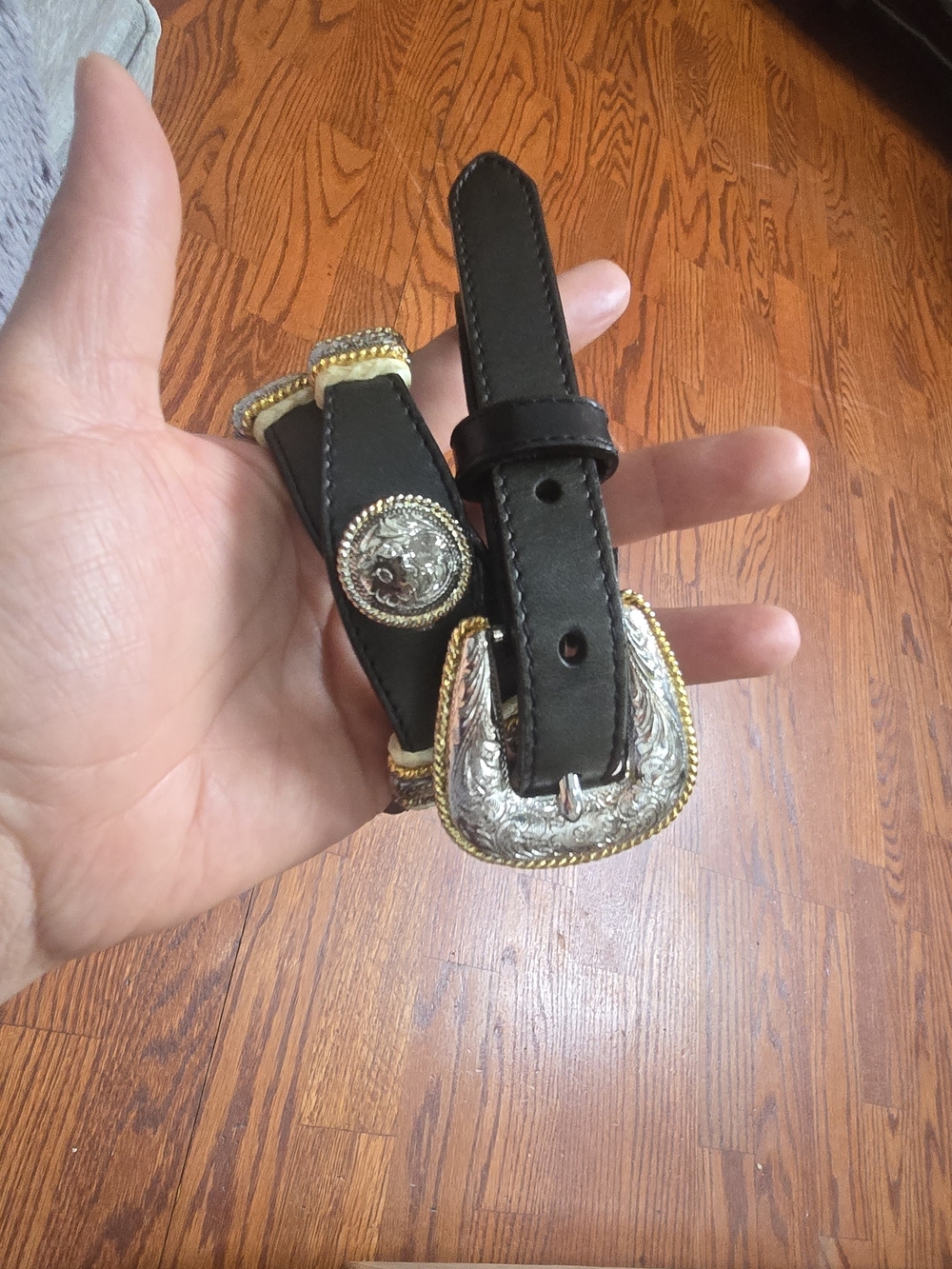 Tony Lama Black Leather Western Belt with Silver & Gold Buckle